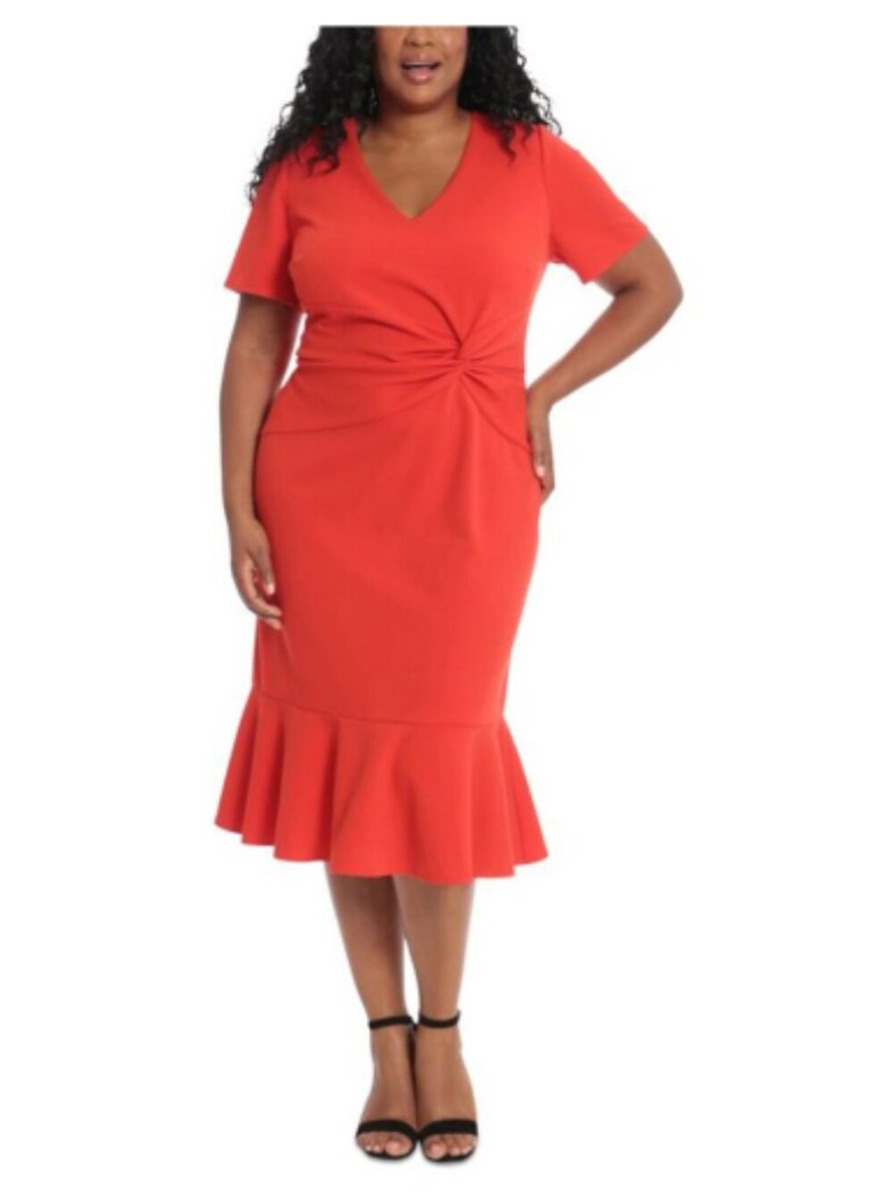 London Times Twist-Front Flounce-Hem Dress in Persimmon Orange